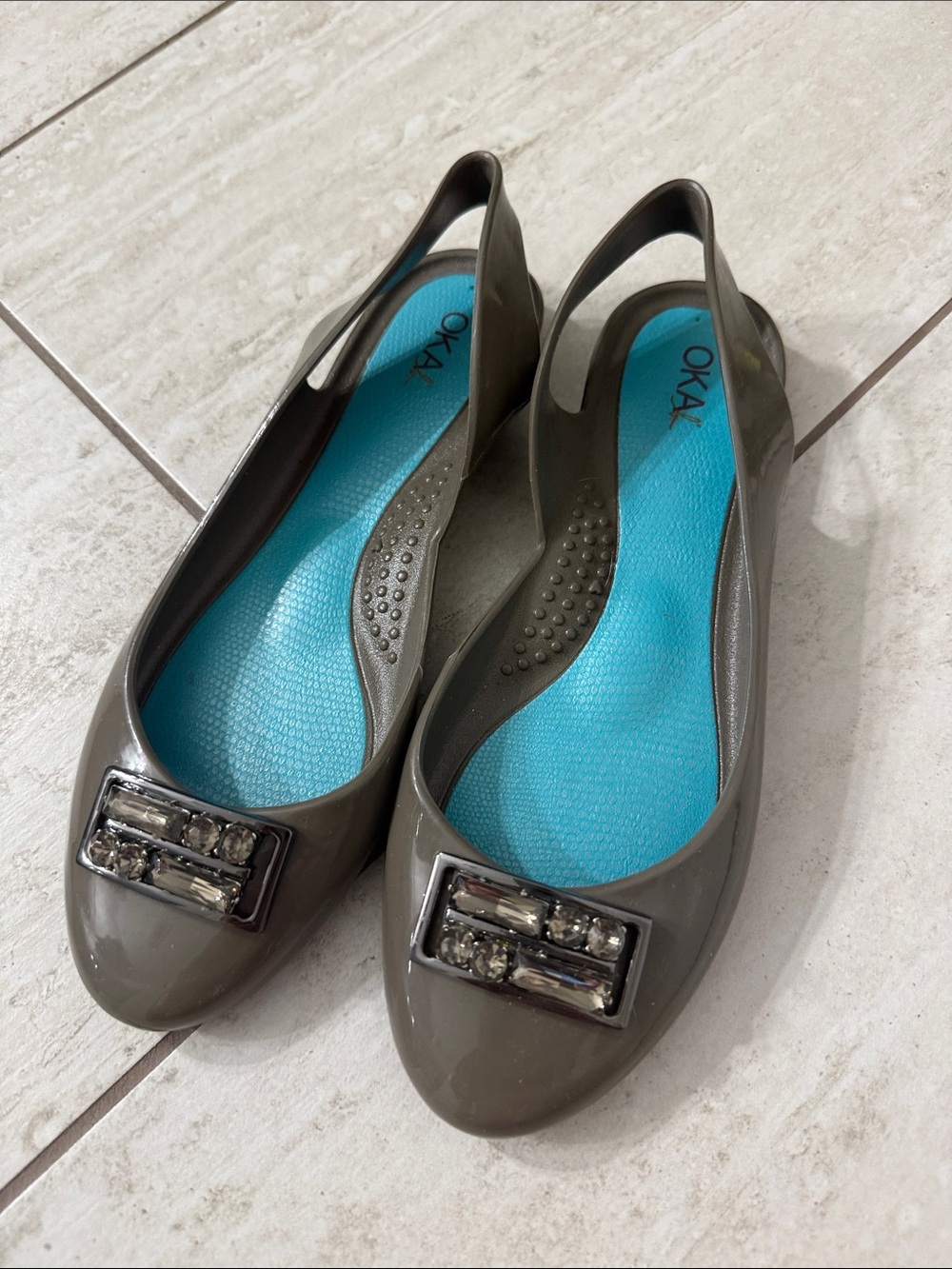 OKA b. gray slingback jelly flats with turquoise insole and jeweled buckle